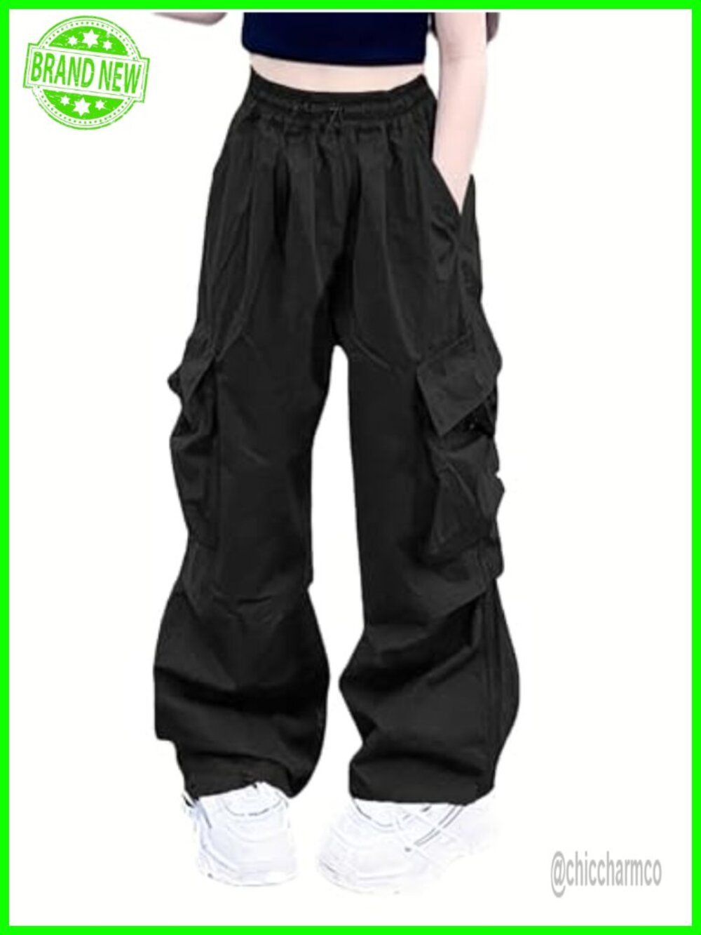 Womens Cargo Pants High Waist Elastic Waist Drawstring Pockets Casual